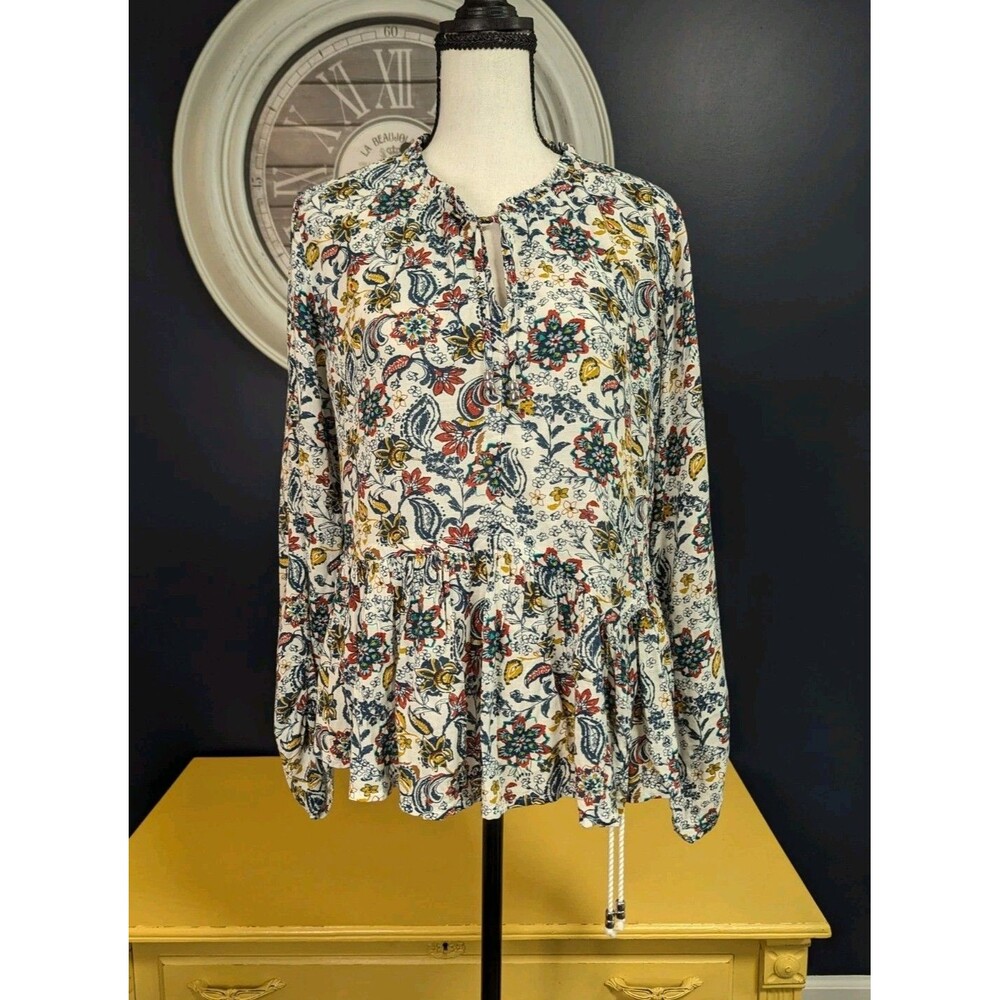 Boho Blouse Women's Size Small Floral 100% Viscose Peasant Festival Babydoll EUC